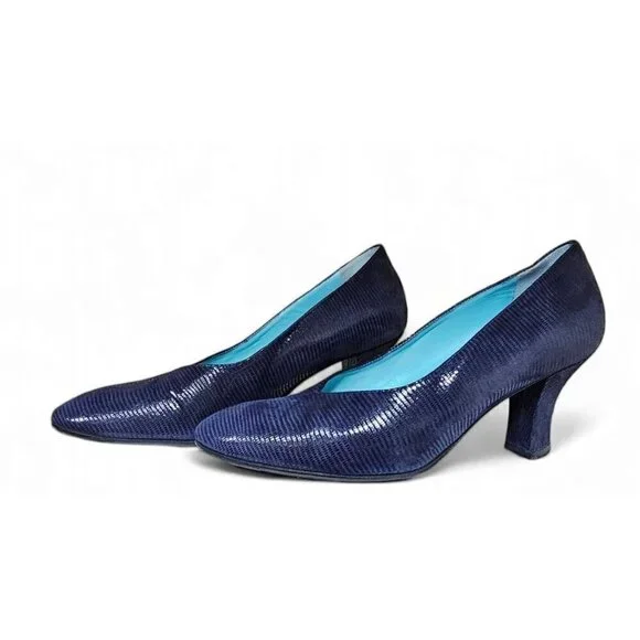 thierry rabotin navy blue ribbed leather pump 3" heel wide EU37 1/2 US7 - Picture 1 of 12